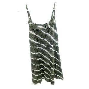 Olive Green And White Tye-dye Sundress, Ruffle Collar, Spaghetti Straps 00P